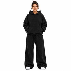 Conjunto de Pantalones Anchos y Sudadera Oversize para Mujer, 100% Algodón Felpa, Color Sólido, Dos Piezas, Corte Holgado, Casual, Antiarrugas - Product Image 1