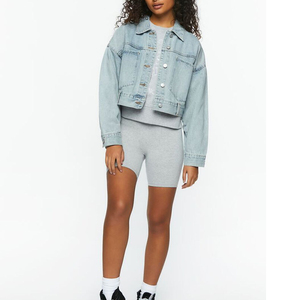 High Quality Custom Cropped Denim Jacket <b>Women</b> Winter Double Breasted Breathable Quick Dry Short Sleeve Crew Neck Street Wear - Product Image 5