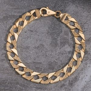 Gold Tone Ornate Geometric Cuban Link <b>Bracelet</b> with Engraved Pattern for <b>Men</b> and Women - Product Image 2