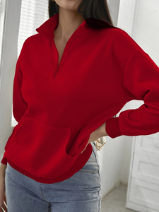 Sudadera con capucha de algodón para mujer, personalizada con logo de alta calidad, informal, de primavera, con media cremallera y cuello vuelto, de forro polar - Product Image 6