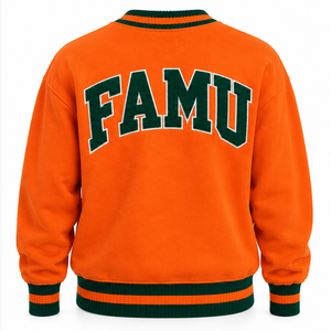 เสื้อสเวตเชิ้ตคอกลมปักอักษร FAMU สีส้มแบบกำหนดเองสำหรับผู้ชาย สไตล์วิทยาลัย สตรีทแวร์ - Product Image 1