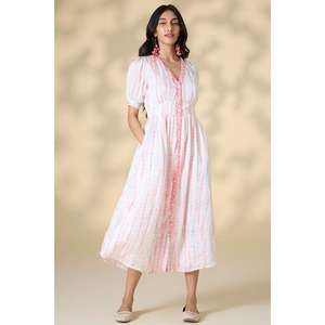 Vestido Midi a Rayas Pastel para Mujer, Manga Corta Abullonada, Cierre de Botones, Vestido Casual de Verano de Algodón - Product Image 2