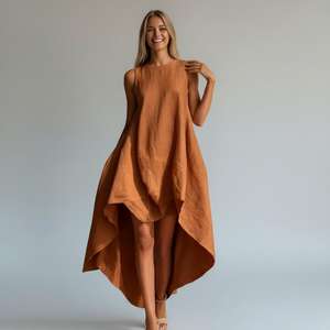 Vestido Maxi de Lino Oversize para Mujer, Sin Mangas, Estilo Kaftan Asimétrico, Bohemio, para Resort, Dulce y Natural - Product Image 1