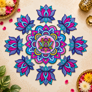 Ensemble de rangolis en bois réutilisables en gros avec motifs d'éléphant et de lotus, art de sol modulaire multi-pièces pour la décoration de Diwali et de mariage - Product Image 5