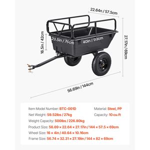 10 Cu. Rimorchio da Giardino/UTV/ATV da 227 kg (500 libbre) con Pneumatici da 16 Pollici, Carrello Ribaltabile in Polietilene per Trasporto Manuale e Rimorchi Utilitari a Spinta - Product Image 5
