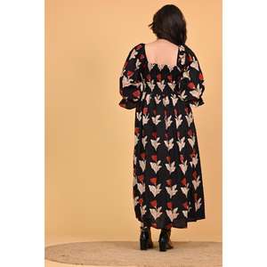 Robe longue en coton imprimée à la main pour femme, style bohème, coupe trapèze, taille élastique, pour l'automne et l'été, tenue décontractée quotidienne - Product Image 6