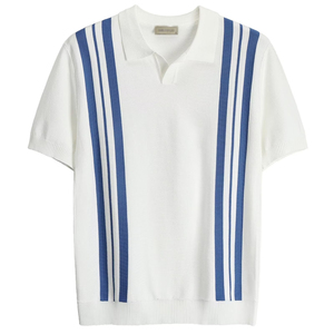 Polo en tricot rayé noir pour homme, manches courtes, style décontracté chic, en coton - Product Image 3