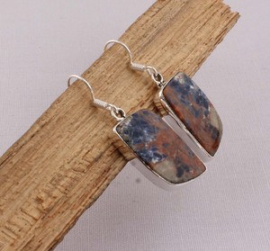 925 Sterling <b>Silver</b> Sunset Sodalite <b>Earrings</b> Natural Blue and Orange Gemstone Rectangular <b>Dangle</b> <b>Earrings</b> Handmade Jewelry Whole - Product Image 5
