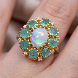 Vintage Classic 22k Gold Plated Gemstone <b>Opal</b> Cluster Cocktail <b>Ring</b> Crown Design for Women's Wedding Engagement Anniversary Gift - Product Image 2