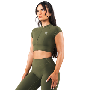 เสื้อชั้นในกีฬาผู้หญิง Grand Olive แบบซิปด้านหน้า แขนสั้น ไร้ตะเข็บ รองรับทรงได้ดี เหมาะสำหรับโยคะ ฟิตเนส ออกกำลังกาย เสื้อครอป - Product Image 2