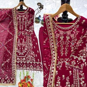 Ensemble de costume luxueux en faux georgette brodé avec pantalon palazzo et dupatta pour femmes - Product Image 4