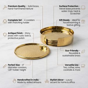 Gold Wood Coaster Set Hammered Art Deco Design Handmade Metal Handicraft 4-Piece Holder Luxury <b>Table</b> <b>Protection</b> Home Decoration - Product Image 2