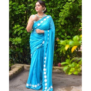 FANCY GEORGETTE HERMOSO LACE TRABAJO SAREE CON BLUSA DESCOSADA SKY - Product Image 1