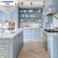 Meubles de cuisine modulaires GIVANSSIE personnalisés, écologiques, résistants à l'eau, style ferme américaine, bleu clair, chêne massif, avec îlot