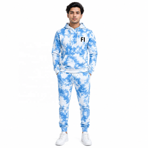 Sudadera con capucha tie-dye de felpa francesa, pantalones casuales de chándal con hombros caídos, bolsillos delanteros y logo, conjunto de chándal y joggers, venta al por mayor OEM - Product Image 1