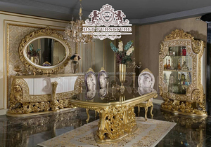 Juego de Mesa de Comedor Clásico de Madera de Teca Dorada y Plateada, Moderno y Duradero, Muebles Exclusivos de Lujo Tallados a Mano - Product Image 4