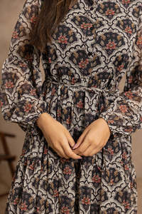 Robe longue en mousseline à imprimé floral et col montant, avec manches lanternes, coupe trapèze ample, style bohème, robe décontractée d'automne, magnifique robe - Product Image 5