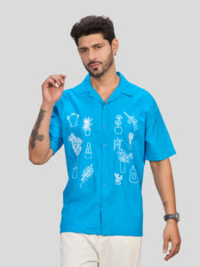 Men's Blue Short Sleeve Casual <b>Shirt</b> with Hand Embroidered Turn-down Collar 100% Cotton All Time Wear Winter - Product Image 1