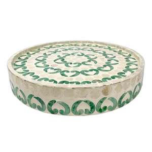 Tazón de fruta de MDF con incrustaciones de Capiz con patrón de Corazón Verde redondo, bandeja de servicio decorativa hecha a mano para decoración del hogar y la cocina - Product Image 2