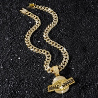 Nouveau Pendentif Requin Iced Out avec Inscription BREAD WINNER en Alliage Plaqué Or, Breloque Hip Hop en Strass, Collier Chaîne Caban, Bijoux de Rappeur