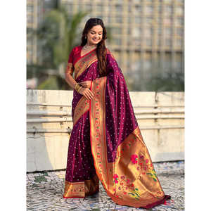 Sari de Seda Elite Weaves Wine Fusion con Zari Tejido Bandhani Paithani, Protección Solar, Secado Rápido, Tradicional, 650g, Estilo Indio-Pakistaní - Product Image 1