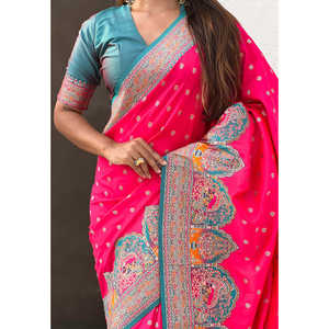 Sari en soie Darbari rose tissé avec des fils Zari, vêtements indiens et pakistanais avec une touche élégante de pashmina, tissages d'élite 700g - Product Image 5