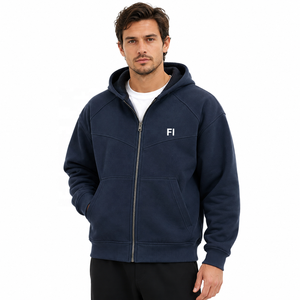 Sudadera con capucha de gran tamaño y doble cremallera de alta calidad al por mayor, con logotipo bordado personalizado, de algodón grueso, estilo streetwear, para hombre. - Product Image 3