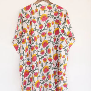 Handcrafted Indian Cotton <b>Kaftan</b> <b>Dress</b> <b>Womens</b> Floral V Neck Drawstring Waist - Product Image 1