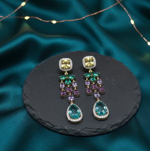 Boucles d'oreilles pendantes multicolores en pierres, 15 g, argent 925 plaqué or 18 carats, bijoux de mariage, boucles d'oreilles longues, cadeau pour elle - Product Image 3