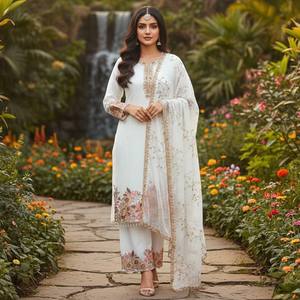 ชุดเล่น Salwar ผ้าจอร์เจียแบบหรูหราพร้อมงานตามลำดับรายละเอียดและการจับคู่กับการเคลื่อนไหวของมุก - Product Image 1