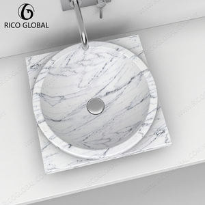 Lavabo de Mármol Redondo Pulido Blanco con Vetas Negras, Lavabo de Baño de Montaje Superior, Diseño Minimalista - Product Image 3