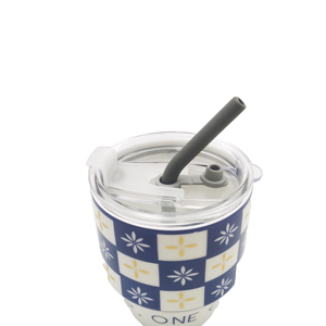 12oz Checkered Floral Pattern <b>Double</b> <b>Wall</b> Vacuum Insulated Stainless Steel Travel <b>Mug</b> with Splash-proof Straw Lid - Product Image 5