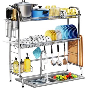 Escurridor de Platos Grande de 2 Niveles de Acero Inoxidable para Colocar Sobre el Fregadero con Soporte para Utensilios para la Encimera de la Cocina - Product Image 1
