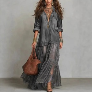 Robe longue en jean pour femme, motif floral numérique, volants, sans manches, coupe ample, taille naturelle, tissée, style A-line, pour l'été, les fêtes et les loisirs - Product Image 4