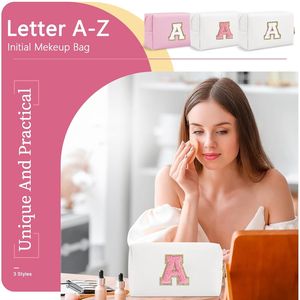 Personalized A-Z Initial Preppy Patch Makeup <b>Bag</b> <b>Small</b> <b>White</b> PU Leather Travel Cosmetic Pouch with Zipper Cute for Toiletry Case - Product Image 2
