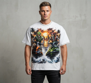 T-shirt en coton imprimé avec graphisme personnalisé en strass, style vintage, manches courtes, effet délavé, unisexe - Product Image 5