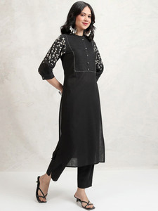 Black Cotton Quick Dry Knee-Length <b>Kurta</b> Set Embroidered Sleeves Pleated Front <b>for</b> <b>Women</b> Casual Summer Wear India Pakistan Style - Product Image 3