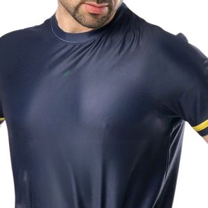 T-shirt de sport bleu marine pour homme avec bordure jaune, manches courtes, col rond, entraînement athlétique, course à pied, décontracté, performance - Product Image 2