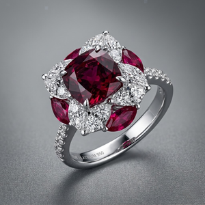 Solid 18K White Gold Genuine Cushion Cut Red Ruby and Diamond Floral Cluster Halo Statement Ring with Marquise Accents for Women - Product Image 1