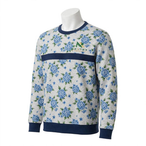 Sweat-shirt gris clair de haute qualité, personnalisé, respirant, imprimé floral Hortensias bleus, bande horizontale marine sur la poitrine, doux, NEXTEX - Product Image 3