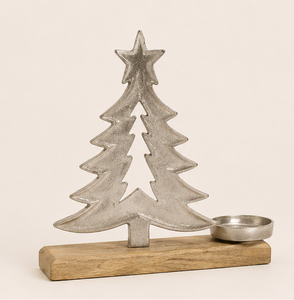 Modern Silver Metal Christmas <b>Tree</b> Tealight Candle Holder With Natural Mango Wood Base For Holiday Home <b>Tabletop</b> Decoration Gift - Product Image 5