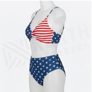 Conjunto de bikini de 2 piezas con estampado de bandera americana para mujer, top de cintura alta con nudo, traje de baño de poliéster y spandex - Product Image 3