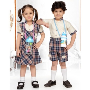 Conjunto de Uniforme Escolar Primario para Niños, Vestido a Cuadros de Algodón Tejido y Pantalones Cortos, Camisa Azul para Niños y Niñas - Product Image 3