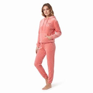 Conjunto Deportivo de Terciopelo para Mujer de Alta Calidad al por Mayor, con Logotipo Personalizado, Corte Regular, Sudadera con Capucha y Cordón Ajustable, Pantalones Jogger con Bolsillo Canguro - Product Image 2