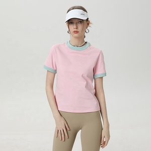 260gsm Cotton Blend Women's Contrast Trim Short Sleeve Crewneck Athleisure T-Shirt Breathable Casual Streetwear Tee for Women - Product Image 3