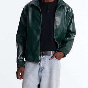 Blouson Bomber Homme en Cuir PU Vert avec Logo Personnalisé, Col Rabattu, Fermeture Éclair, Motif Crocodile Gaufré, Vêtement d'Extérieur Décontracté - Product Image 1