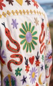 Colorful Embroidered Bomber <b>Jacket</b> With Mandarin Collar And Full Sleeve For <b>Women</b> Summer Wear - Product Image 4