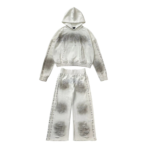 Conjunto de chándal de algodón grueso personalizado de moda, con efecto desgastado, lavado ácido y pedrería, que incluye sudadera con capucha con cremallera y pantalones de chándal. - Product Image 3