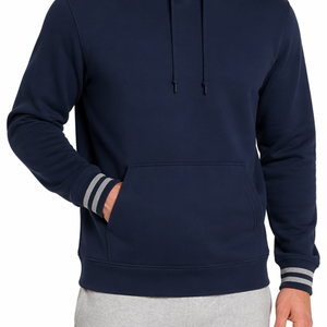 Sudadera con capucha azul marino personalizada para hombre con detalle de puño a rayas, al por mayor, estilo urbano, con bolsillo canguro - Product Image 4