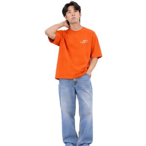 <b>Men's</b> Oversized <b>Bright</b> Orange Crew Neck T <b>Shirt</b> with Relaxed Fit Light Blue Jeans Casual Streetwear Outfit - Product Image 2